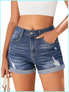 Mid-High Rise Ripped Denim Shorts Stretchy Distressed Jean Shorts with Pockets